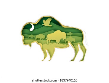Large buffalo silhouette with prairie nature landscape, flying bird, american bison inside, vector illustration in paper art style. Beauty of nature. Save animals, protect wildlife. Multiple exposure.