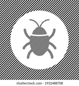 A large bug symbol in the center as a hatch of black lines on a white circle. Interlaced effect. Seamless pattern with striped black and white diagonal slanted lines