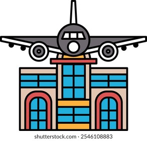 A large building with a large airplane on top of it. The airplane is in the middle of the building and is surrounded by windows. The building is tall and has a modern design