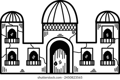 A large building with a large archway and a small window. The building is in a foreign country