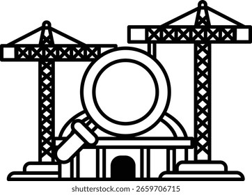 Um grande edifício com uma grande janela circular no meio. O edifício está rodeado por gruas