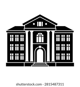 A large building with columns and a triangular roof depicted in black and white