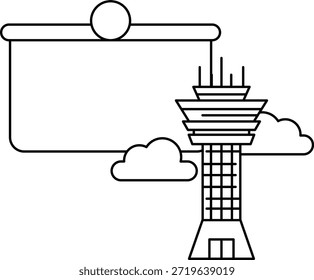 A large building with a sign hanging from it. The sign is white and black. The building is tall and has a lot of windows. The sky is cloudy