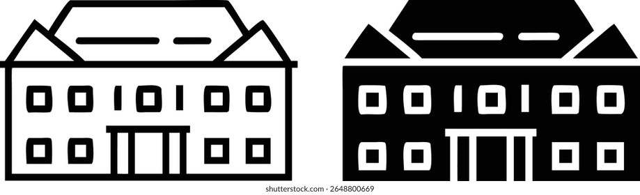 Large Building Silhouette Vector, Office or School Icon, Black and White Architecture Clipart