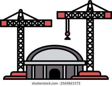 A large building with two cranes in front of it. The cranes are red and black