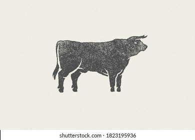 Large bull silhouette for domestic farm industry hand drawn stamp effect vector illustration. Vintage grunge texture emblem for butchery packaging and menu design or label decoration.