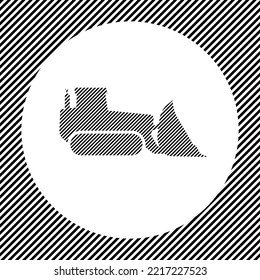 A large bulldozer symbol in the center as a hatch of black lines on a white circle. Interlaced effect. Seamless pattern with striped black and white diagonal slanted lines