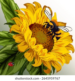 Abelha grande em um vetor de girassol.Color ilustração com uma abelha grande em um girassol amarelo.