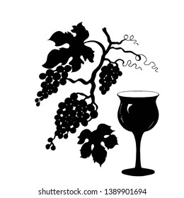 A large bunch of grapes and a glass of wine. Silhouette. Vector illustration.
