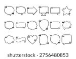 Large bundle of doodle quotation mark box speech bubble frames for quote text discussion and online chat