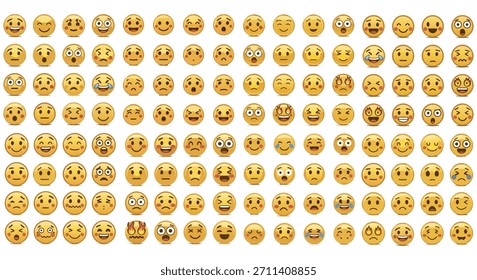 Large bundle of expressive emoji faces showing various emotions such as joy, sadness, shock, anger, and laughter. Perfect for digital design, messaging apps, stickers, and social media projects.