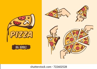 Large bundle pizza. The pieces of pizza in his hand. Vector logos, illustrations for cafes pizzerias. 