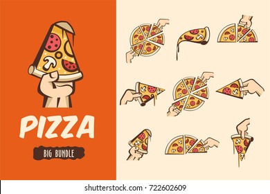 Large bundle pizza. Vector logos, illustrations for cafes pizzerias. The pieces of pizza in his hand.