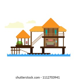 Large bungalow with flowers and furniture in the middle of the sea