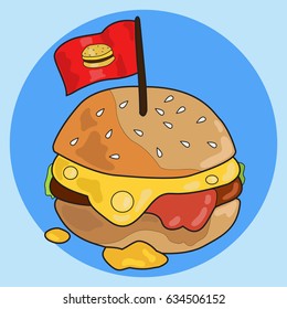 Large burger with meat cheese on a blue background with a flag, for print T-shirts, menu design for restaurants, cafes, bars, grill, fast food, website design, mobile applications, vector graphics
