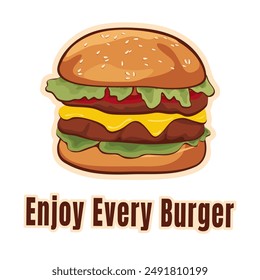 A large burger sticker with melting cheese, lettuce and patties between the buns. Hamburger, American fast food. Cheeseburger with patty, lettuce and sauces. Flat Vector. 