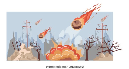 Large burning meteorites fall on the city vector flat illustration. Destroyed city buildings during natural disaster. Abandoned and damaged broken constructions. Town in ruins after comet falling.