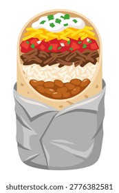 Large burrito filled with rice, beans, meat, cheese, salsa, and sour cream, wrapped in foil.