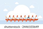 A large business team. Many people. Rowing teamwork. People group with paddle on boat canoe in river competing race, water sport team together at kayak rower athletes boating crew. Vector illustration