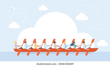 A large business team. Many people. Rowing teamwork. People group with paddle on boat canoe in river competing race, water sport team together at kayak rower athletes boating crew. Vector illustration