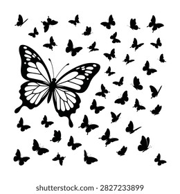 A large butterfly in flight surrounded by a swarm of smaller butterflies on white