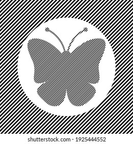 A large butterfly symbol in the center as a hatch of black lines on a white circle. Interlaced effect. Seamless pattern with striped black and white diagonal slanted lines
