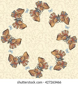 Large butterfly - vector illustration. Round frame.  Use printed materials, signs, items, websites, maps, posters, postcards, packaging.