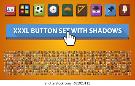 Large buttons set with shadows. Colorful icons. Vector illustration. Alcohol, Avatars, Bakery, Fruits, Management, Professions, Repair, Sewing, Sport, Start up, Tourism, Vegetables, Web, Wedding.