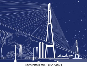 Large cable-stayed bridge, traffic on a night road. Lanterns shine on the embankment under the bridge. A city is visible in the distance. Vector design art.