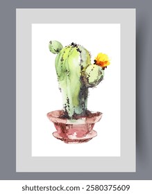 Large cactus with flower in home flowerpot with clay on wall art. Watercolor print. Artwork with succulent cactus decorating house and purifying air, in frame with decor for poster