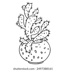 Large cactus in a pot.  A hand-drawn image of a flowering houseplant isolated from the background. Vector image of a cactus.