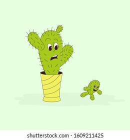 A large cactus is in a pot and a small one runs away from it. Mom and son are cacti. Diseases and germs and cactus diseases