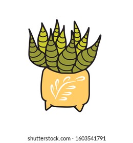 Large cactus-aloe in a yellow pot
 . Vector illustration.Form for banners, postcards. Nature
