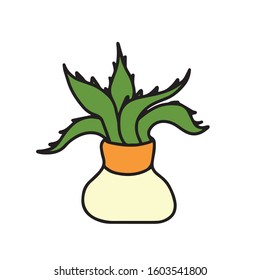 Large cactus-aloe in a yellow pot
 . Vector illustration.Form for banners, postcards. Nature