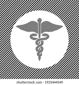 A large caduceus symbol in the center as a hatch of black lines on a white circle. Interlaced effect. Seamless pattern with striped black and white diagonal slanted lines