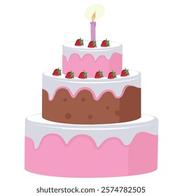 large cake with three tiers and decorated with strawberries, vector illustration.