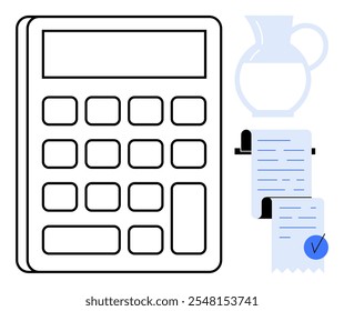 Large calculator with blank display and buttons. Rolling receipt with checkmark. Light blue water jug. Ideal for finance, accounting, budgeting, bookkeeping, and calculations. Simple modern style