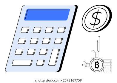 Large calculator with blue screen, dollar coin, and Bitcoin symbol with circuitry. Ideal for finance, accounting, budgeting, cryptocurrency, digital transactions. Flat, simplistic, clean style