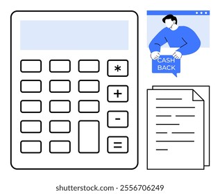 Large calculator with buttons, a person holding a cash back sign, and documents. Ideal for financial calculations, budgeting, cash back offers, accounting, educational materials. Line art style