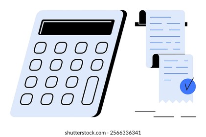 Large calculator with a display and keypad next to a long paper receipt with a checkmark. Ideal for accounting, bookkeeping, finance, budgeting, and tax calculations. Simple, modern, clean style