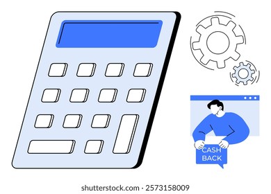 Large calculator in foreground and gears symbolizing settings or processing. Man with cashback sign in a browser window icon. Ideal for finance, calculations, online transactions, promotions