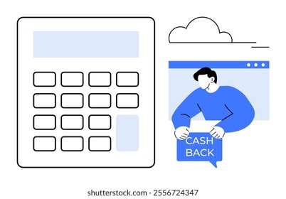 Large calculator next to man holding cashback label on computer screen. Background includes a cloud shape. Ideal for finance, savings, online shopping, cashback deals, smart budgeting. Clean modern