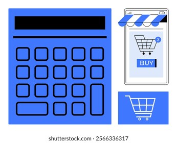 Large calculator, smartphone with shopping cart and buy button, blue shopping cart icon. Ideal for e-commerce, financial calculations, online shopping, budgeting, digital marketing. Modern flat