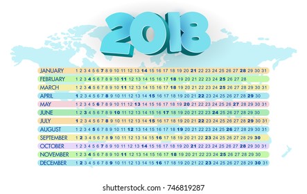 The large calendar of 2018 is the blue color, the months in a line, 3d effect. Calendar 2018 for the design of business polygraphy, site, banner. Abstract blue background.