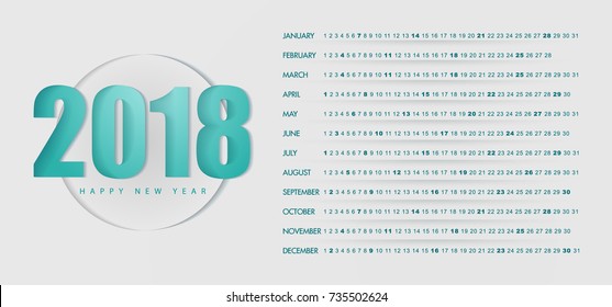 The large calendar of 2018 is white and blue color, the months in a line, the effect of paper. Calendar 2018 for the design of business calendar, site, banner. Abstract blue background.