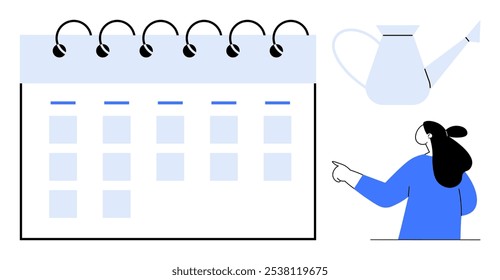 A large calendar with blank squares and a woman pointing towards it. A watering can is floating above the woman. Ideal for productivity, planning, scheduling, organization, growth. Minimalist, vector