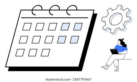 Large calendar with selected dates highlighted, gear icon symbolizing settings or operations, and woman sitting with laptop. Ideal for productivity, planning, time management, scheduling, project