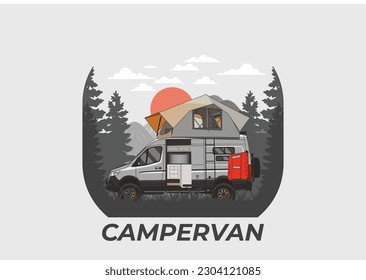 Large camper van with roof tent illustration design