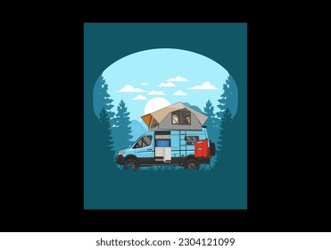 Large camper van with roof tent illustration design