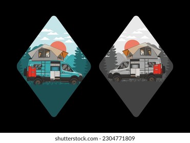 Large camper van with roof tent illustration design